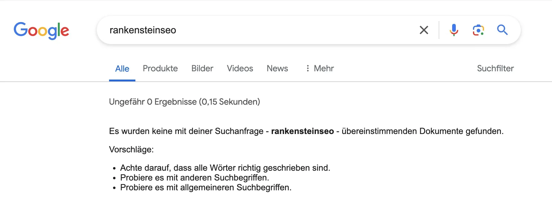 Screenshot von Google.de mit leeren Suchergebnissen zum Keyword rankensteinseo erstellt am Dienstag, 16. April 2024 um 11:37 Uhr